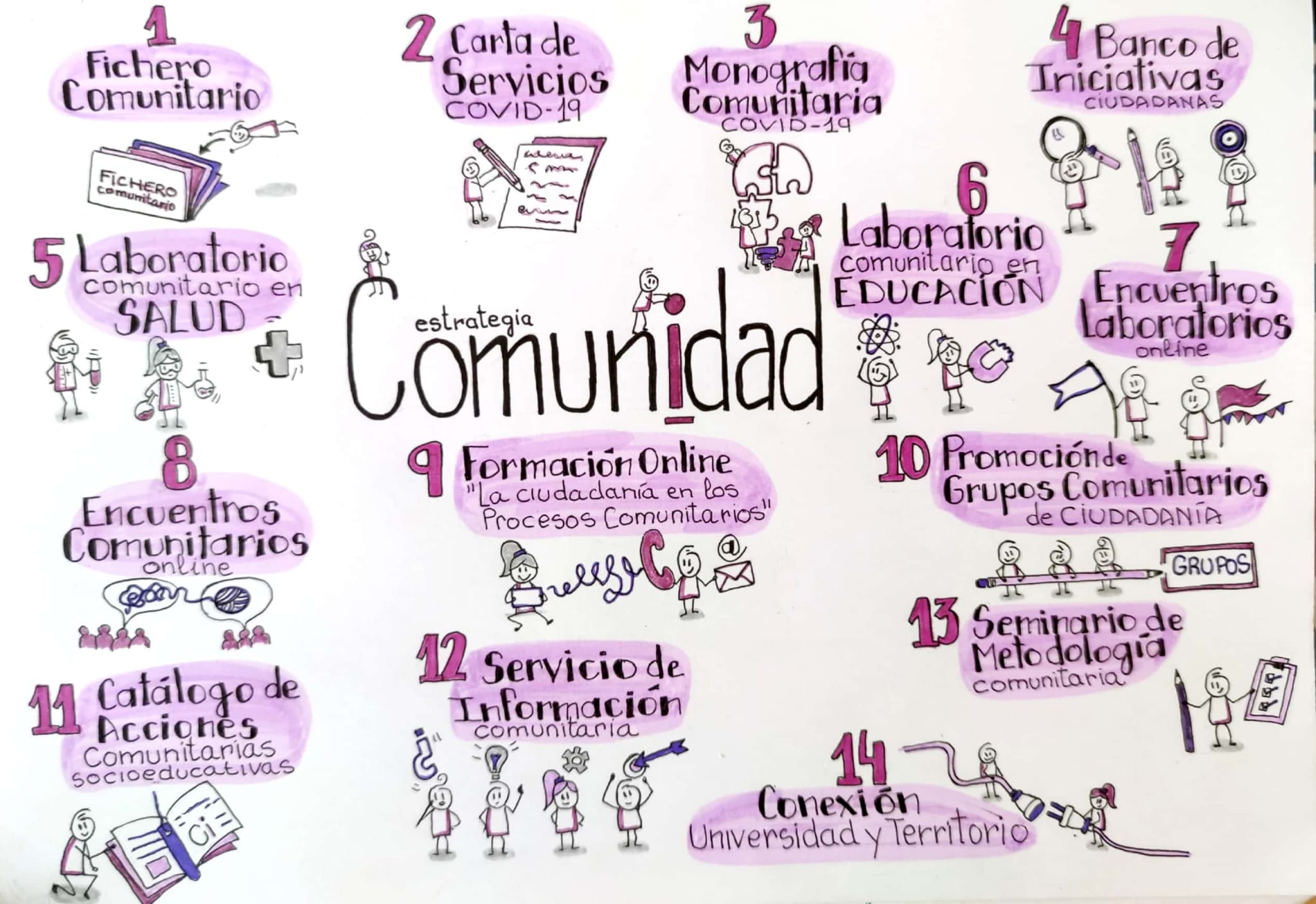 resumen gráfico en el que se relacionan las acciones a desarrollar por el Proyecto Comunidad.